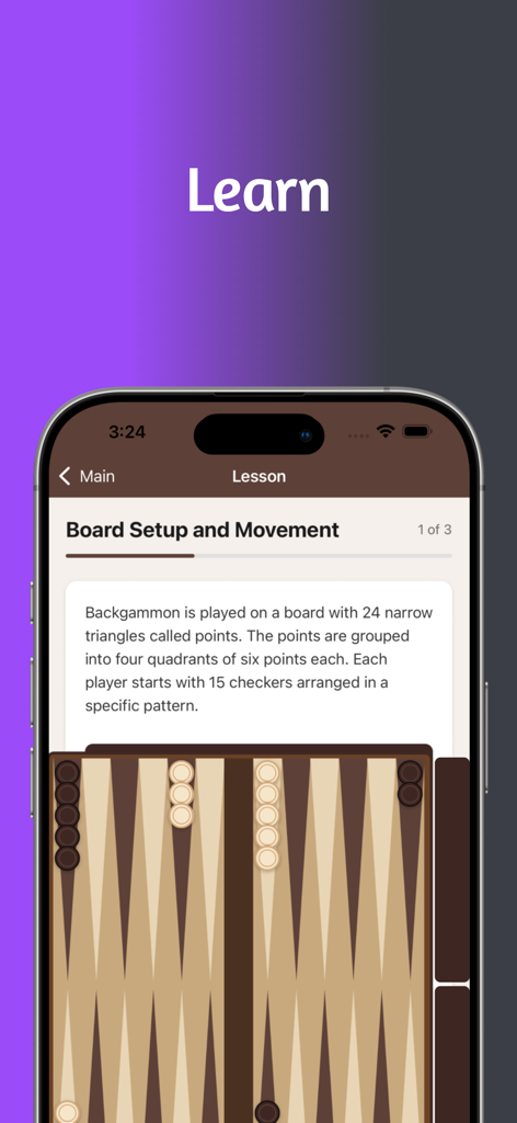 Backgammon - Play & Learn - Backgammon App Lektionsbildschirm, der die Brettaufstellung und Bewegungsregeln mit einem illustrierten Brettdiagramm erklärt.