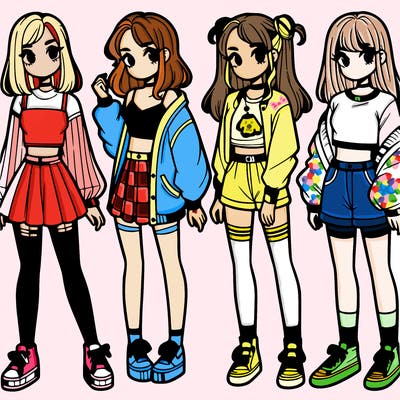 one girl with crop-top shirt and a jacket with a skirt, long socks and another girl with a shirt and pants with a jacket