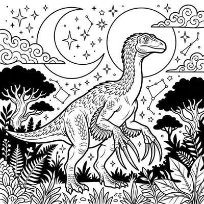 Journey to a prehistoric night with this unique Therizinosaurus coloring page, set against a backdrop of twinkling stars and a glowing crescent moon. Immerse yourself in the intricate details of this dinosaur's world for a relaxing and creative escape.