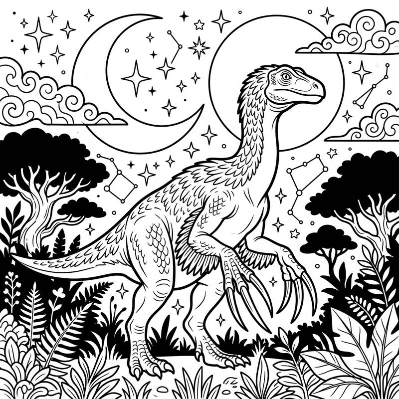 Journey to a prehistoric night with this unique Therizinosaurus coloring page, set against a backdrop of twinkling stars and a glowing crescent moon. Immerse yourself in the intricate details of this dinosaur's world for a relaxing and creative escape.