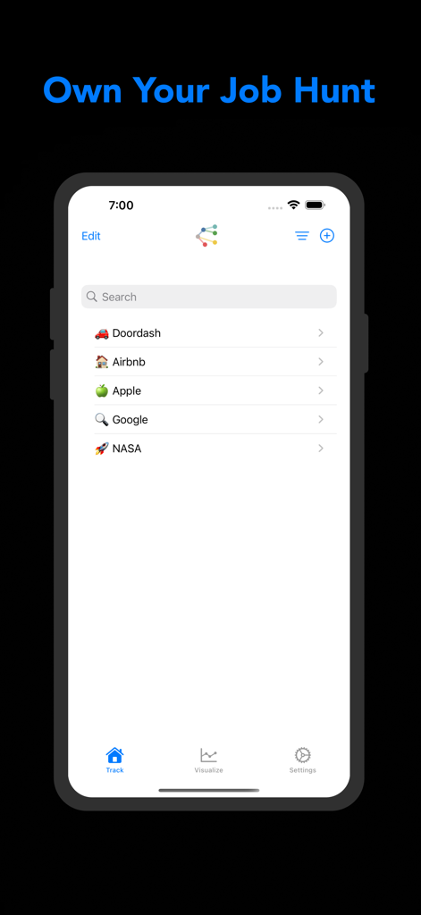 Track.io mobile app interface showing a list of tracked job applications