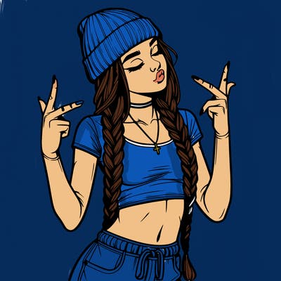 realistic teenage girl with braids and a beanie and crop top doing 🫶🏼