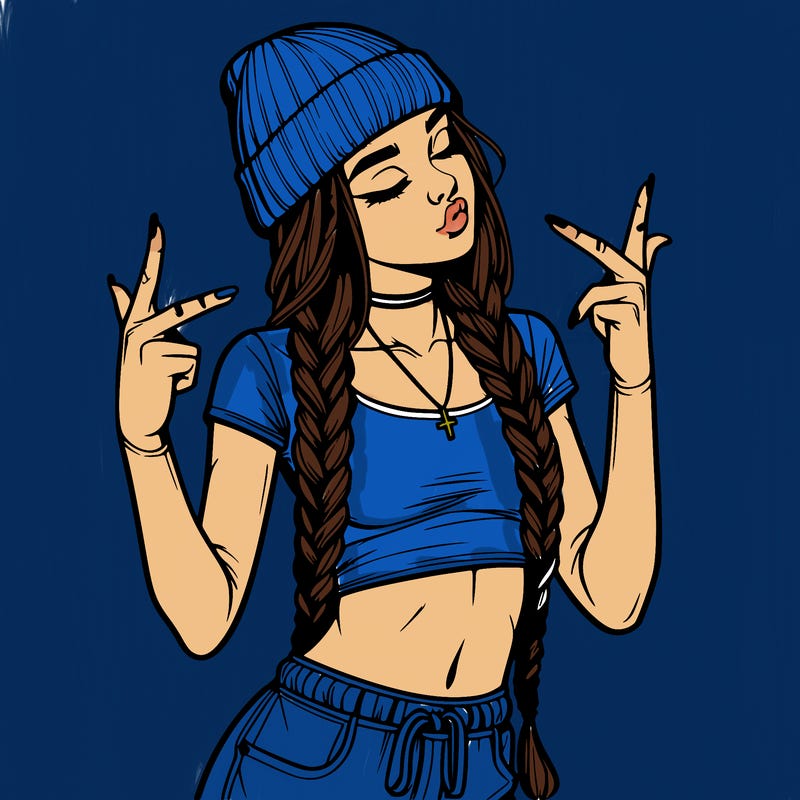 realistic teenage girl with braids and a beanie and crop top doing 🫶🏼