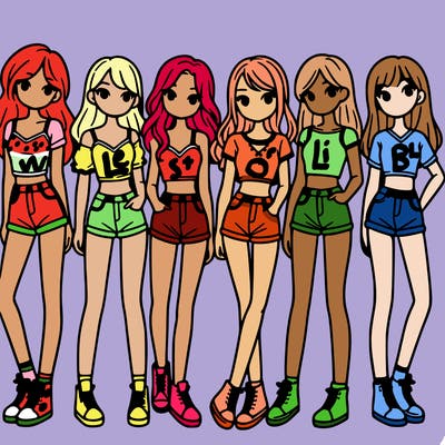a group of girls wearing crop tops and shorts