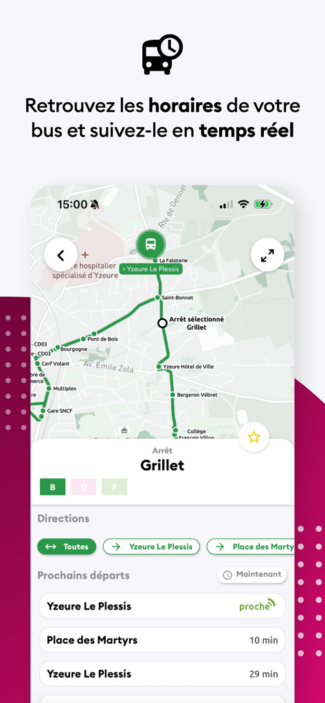 Application mobile Aleo Moulins affichant les horaires de bus en temps réel et le suivi en direct sur une carte.