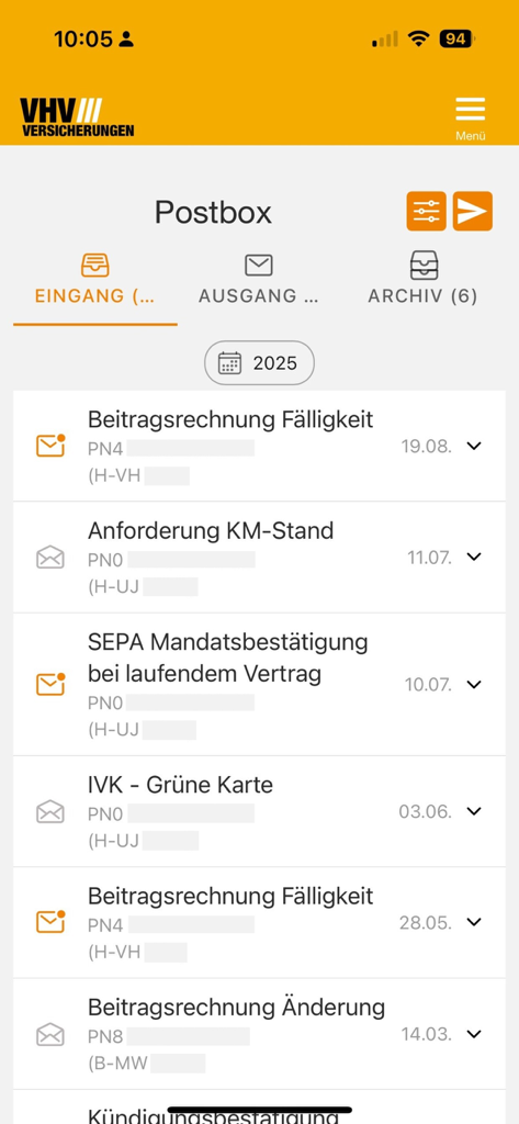 VHV Kundenportal - Screenshot of the VHV insurance app postbox showing a list of digital documents and notifications