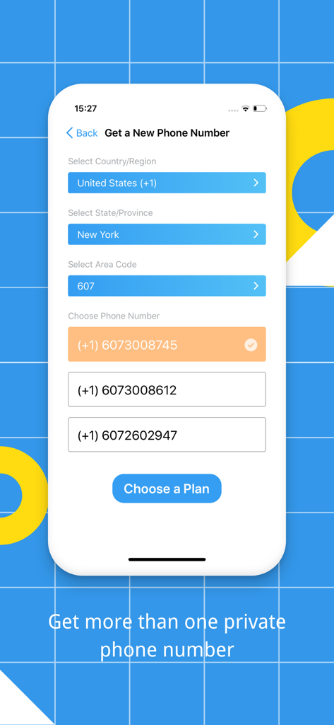 TeleMe – Record on 2nd Number - A mobile app screen for choosing a new virtual phone number by region and area code.