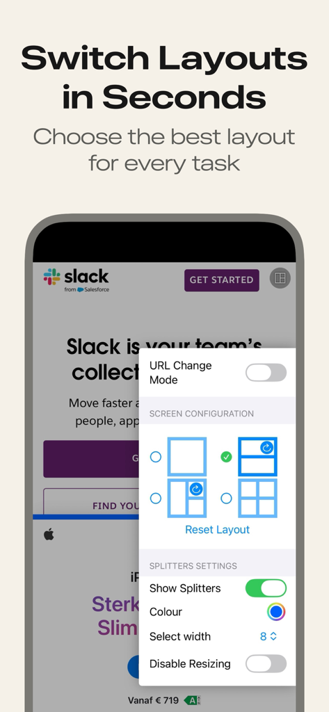 WebApp - Menú de diseño de WebApp mostrando la configuración multipanel y los ajustes del divisor