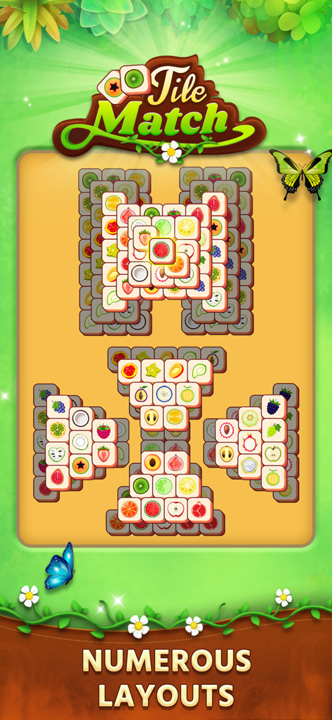 Tile Match - Puzzle - Tile Match game showing various fruit puzzle layouts
