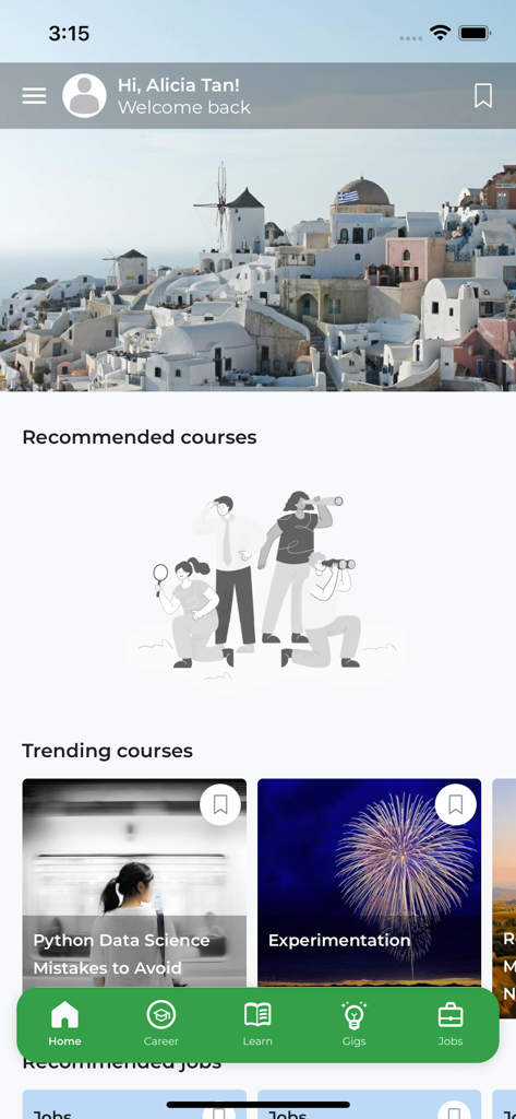 Talented - Interface de l'application Talented affichant des cours de carrière recommandés et tendance pour les professionnels.