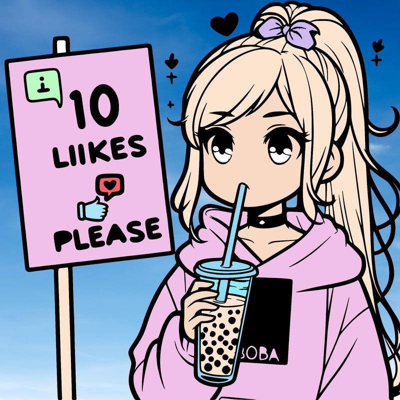 girl with a high ponytail and a hoodie drinking boba staring at a sign saying 10 likes please