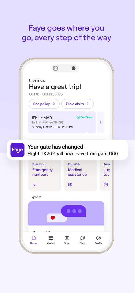 Faye Travel Insurance app interface showing a real-time flight gate change notification and trip management features.
