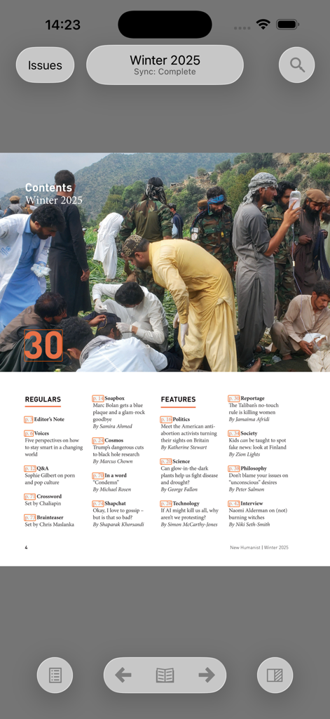 New Humanist - Page de table des matières numérique du numéro hiver 2025 du magazine New Humanist présentant des articles sur la politique, la science et la philosophie.