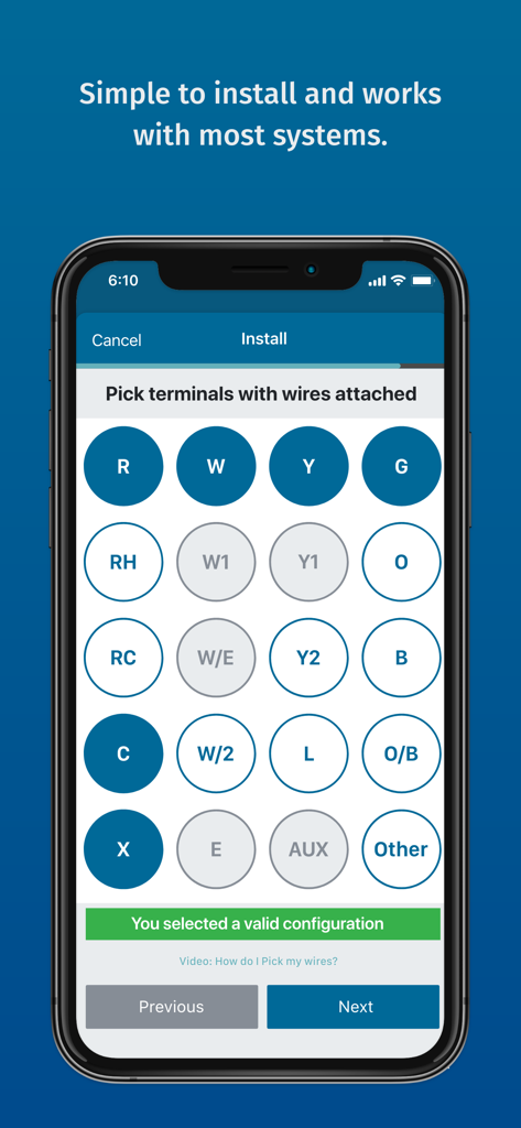 Sensi - A mobile screen from the Sensi app guiding users through HVAC wiring terminal selection during installation.