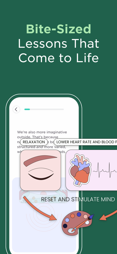 Imprint: Visual Micro Learning - A mobile interface from the Imprint app showing bite-sized visual lessons about relaxation and mental stimulation.