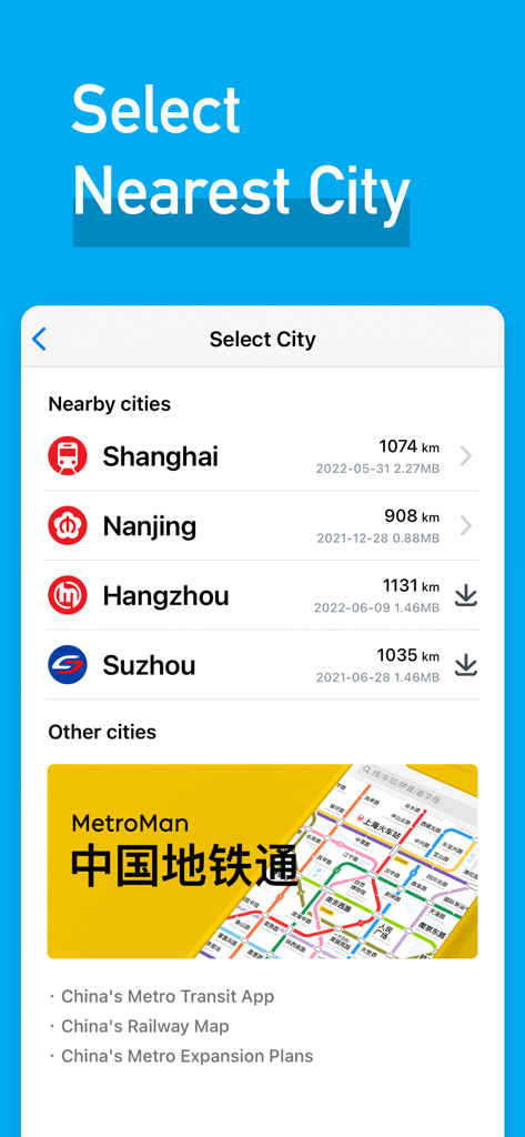Interface of the MetroMan app showing a list of nearby Chinese cities including Shanghai and Nanjing for metro navigation.