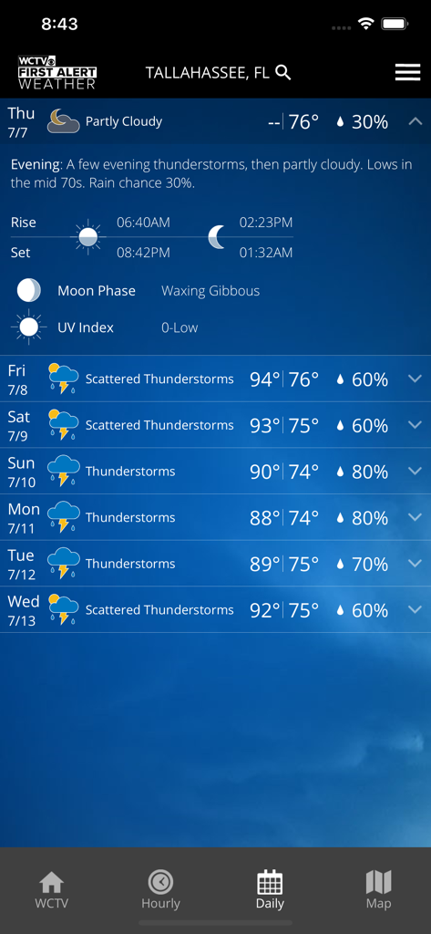 Weekly weather forecast for Tallahassee Florida on the WCTV First Alert Weather app showing daily temperatures and storm chances