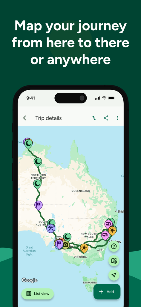 WikiCamps Australia app interface showing a planned travel route with camping icons on a map