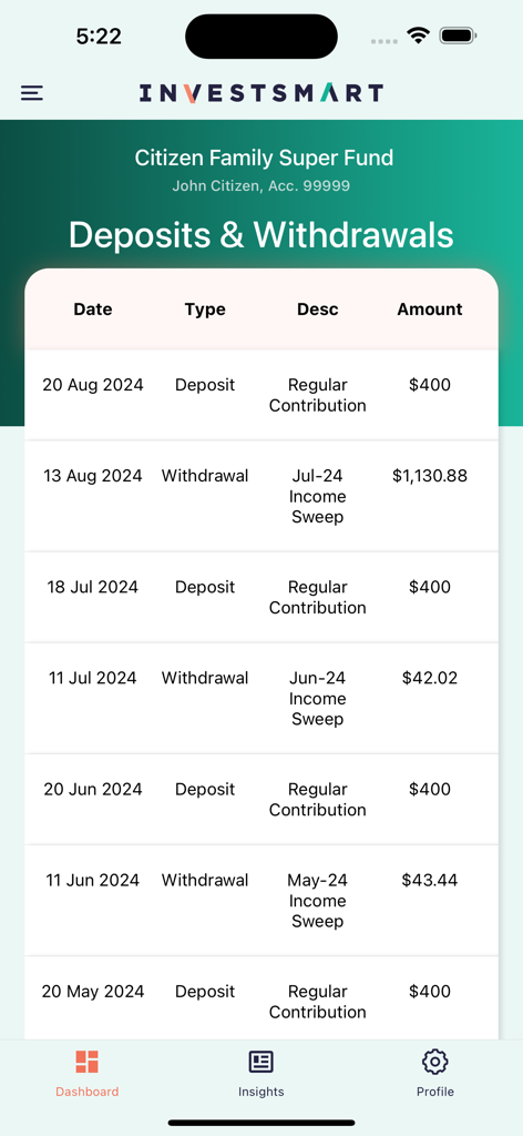 InvestSMART - Transaction history screen in the InvestSMART app showing a list of deposits and withdrawals for a portfolio