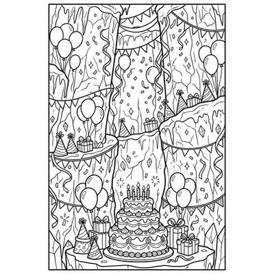 Immerse yourself in a one-of-a-kind birthday celebration set deep within a glacial moulin. This intricate coloring page combines the majesty of icy caverns with festive party elements like cakes, balloons, and gifts, offering a truly unique artistic experience.