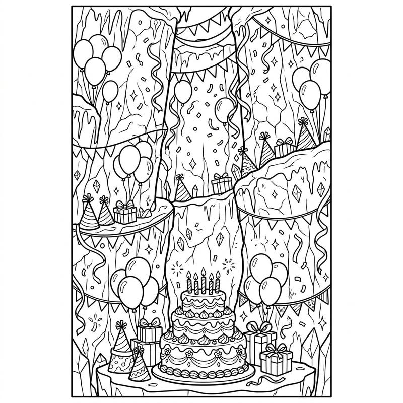 Immerse yourself in a one-of-a-kind birthday celebration set deep within a glacial moulin. This intricate coloring page combines the majesty of icy caverns with festive party elements like cakes, balloons, and gifts, offering a truly unique artistic experience.