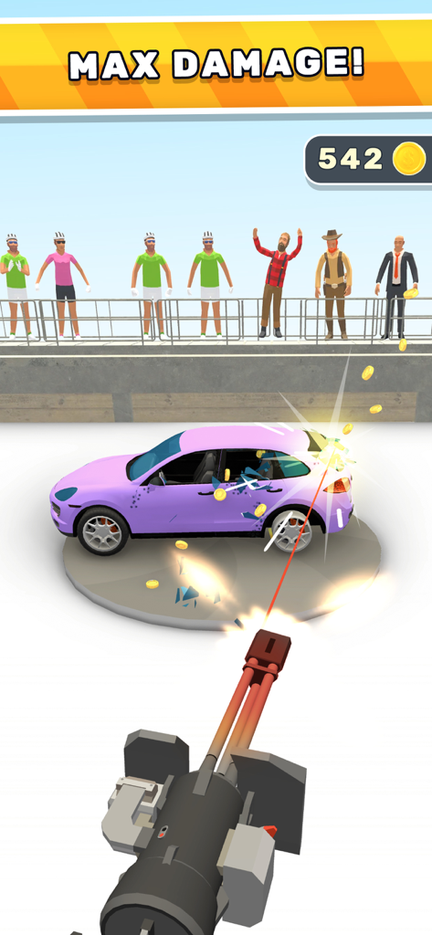 A machine gun shooting and destroying a purple SUV in the Fury Cars mobile game
