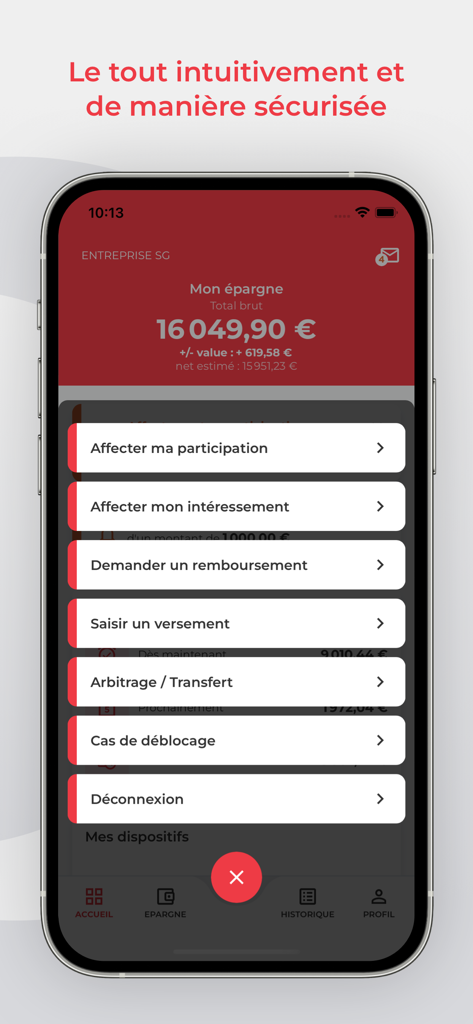 L'Appli ESALIA - Interface of L'Appli ESALIA showing employee savings management options and account balance.