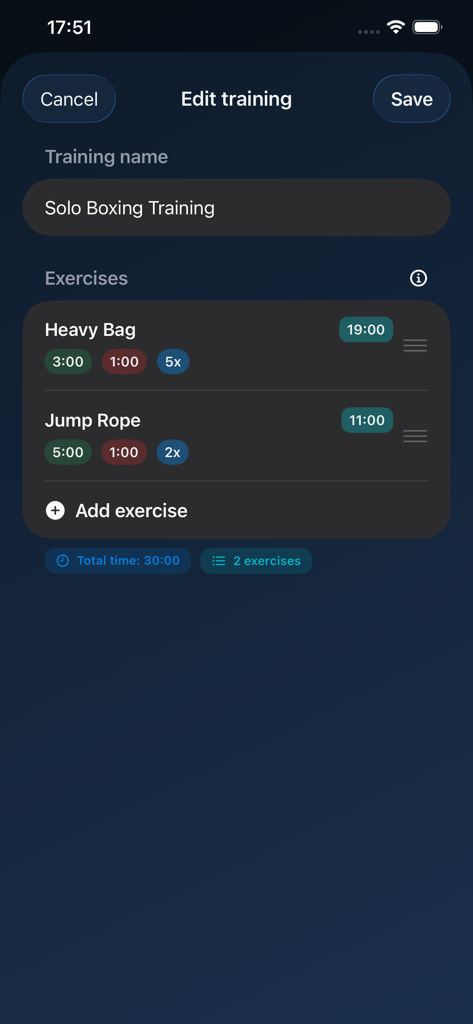 BoxTime - Boxing Timer - Interface do aplicativo BoxTime mostrando a tela de edição de treino com um treino personalizado de boxe solo apresentando exercícios de saco de pancadas e pular corda