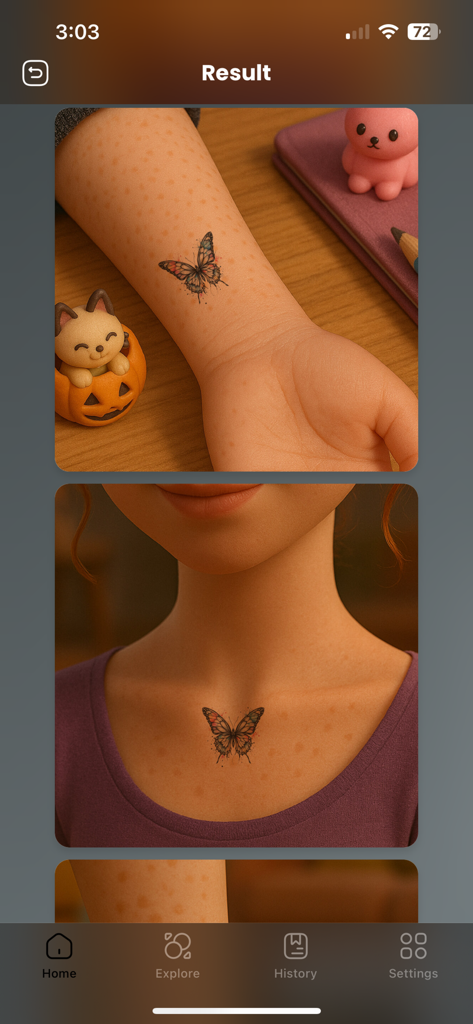 AI Tattoo Designer : Generator - AI tattoo generator results showing a butterfly design placed on a wrist and chest for visualization