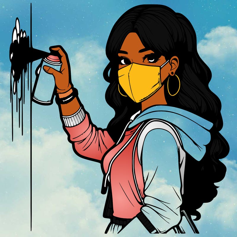 realistic girl with mask spray painting a wall