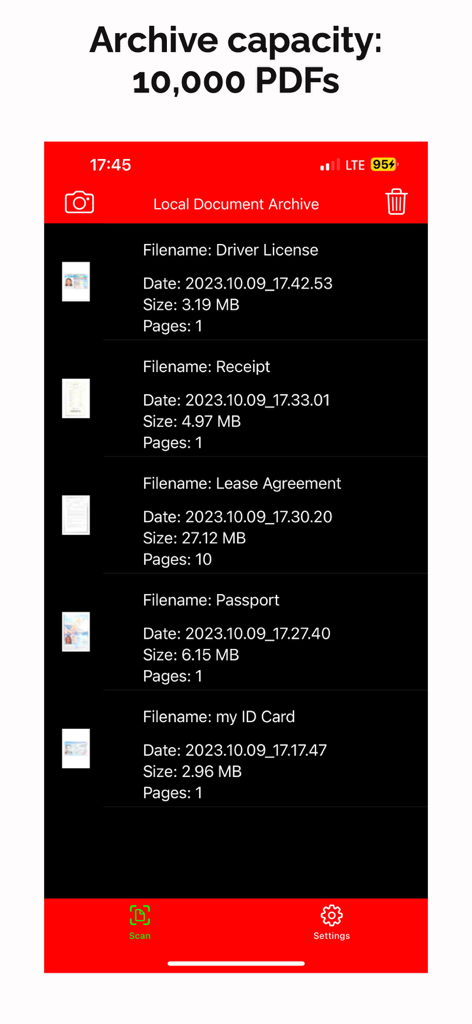 Local document archive interface in Protocol O showing a list of scanned files with a 10000 PDF storage capacity.