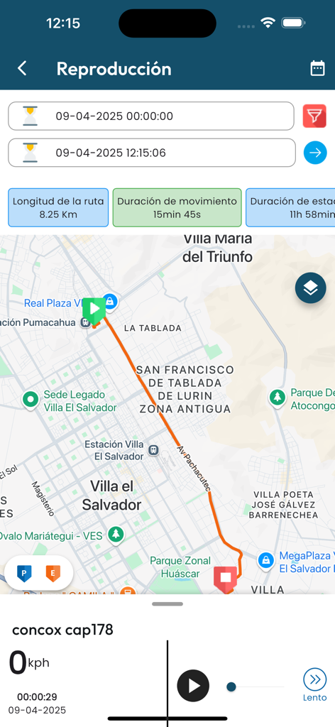 Delta track pro app screen showing vehicle route history playback on a map with travel duration and distance data.