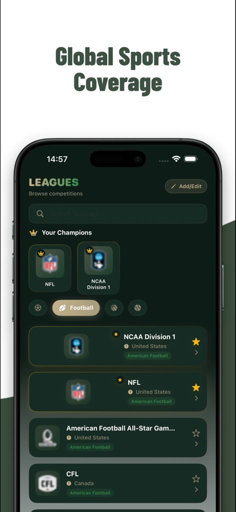 kuki football : Live Chat - Screenshot of Kuki Football app showing global sports league options like NFL and NCAA in a dark mode interface.