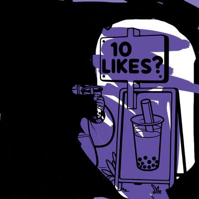 girl with oversized hoodie drinking boba and she has a high ponytail with a sign that says 10likes?