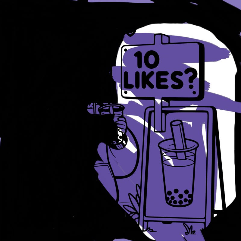 girl with oversized hoodie drinking boba and she has a high ponytail with a sign that says 10likes?