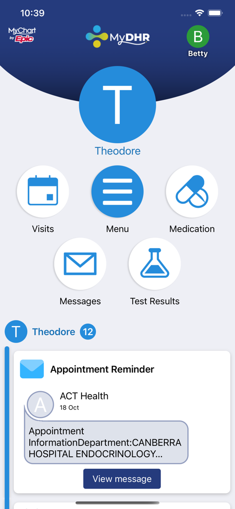 MyDHR - MyDHR app home screen showing health records access and appointment reminders