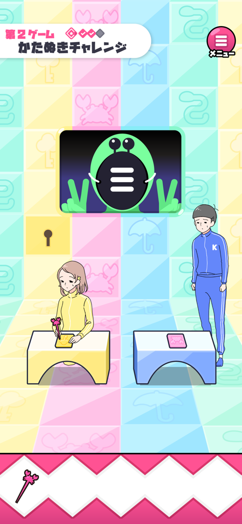 カニゲーム -脱出ゲーム - Characters in tracksuits participating in a honeycomb carving challenge