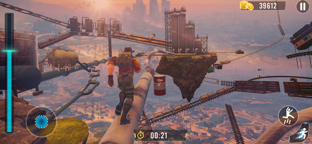 Going Jump Up: Parkour Games - A character balances on a high pipe above a city in the Going Jump Up parkour game