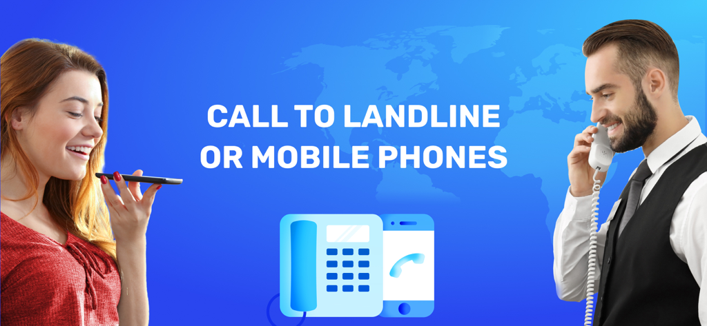 Eine Frau benutzt ein Smartphone, um einen Mann auf einem Festnetztelefon anzurufen, mit einer Weltkarte im Hintergrund