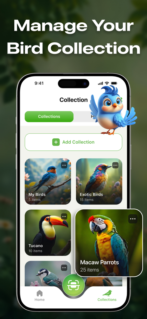 Interface of the Bird Identifier AI app showing a bird collection gallery with categories like exotic birds and macaw parrots