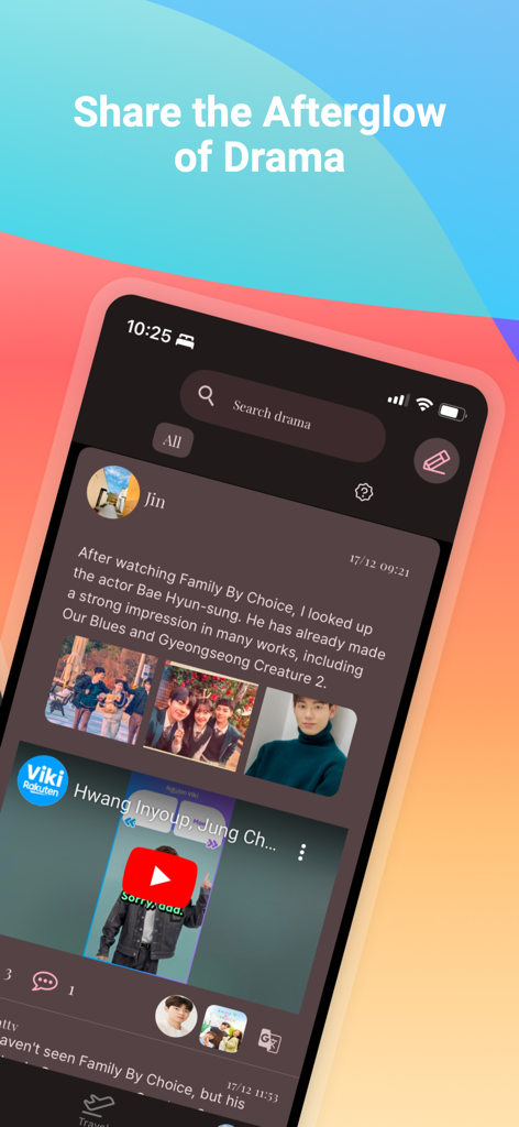 KDora - Screenshot of KDora app interface showing a social feed where users share reviews and photos of Korean drama actors and scenes