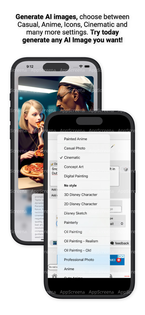 Oberfläche des KI-Bildgenerator-Funktion mit verschiedenen künstlerischen Stiloptionen und einem generierten Bild von Menschen, die Pizza essen