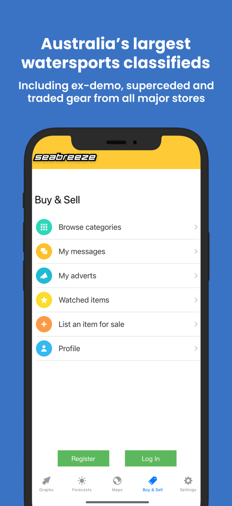 Interface of the Seabreeze app showing the watersports classifieds section for buying and selling gear