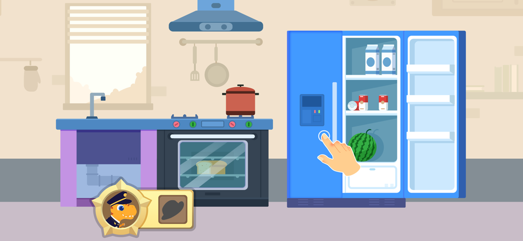 恐竜ポリスゲーム子供向けで、探偵が捜査しているインタラクティブなキッチンの事件現場