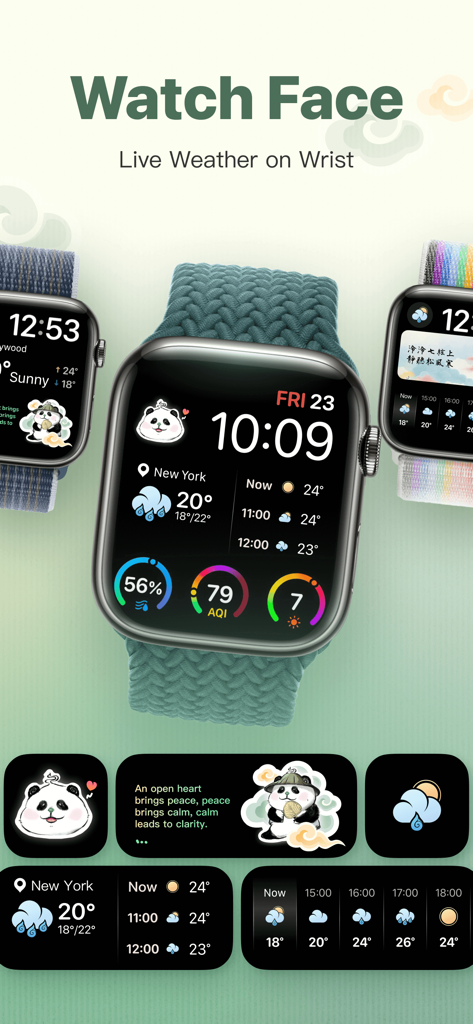 Panda Weather - Aesthetic Apple Watch faces and weather widgets from the Panda Weather app featuring a cute panda mascot.