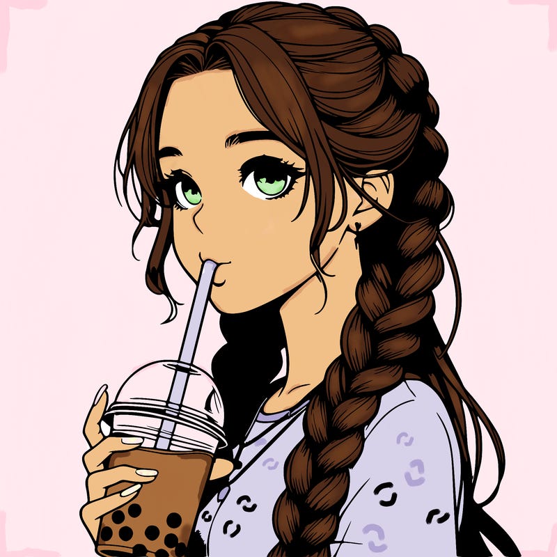 realistic girl with braided hair drinking boba