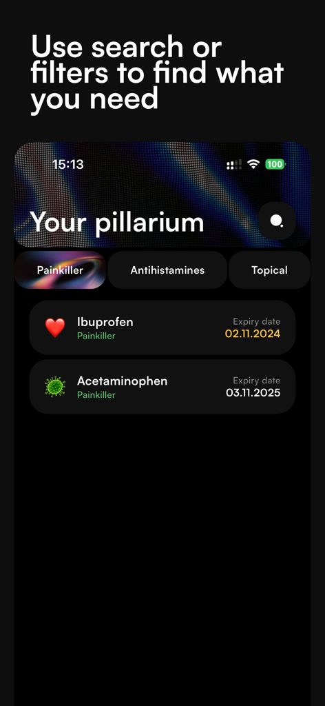 Pillo: Track Your Home Meds - Pillo app medication list showing painkiller category filter and expiry dates