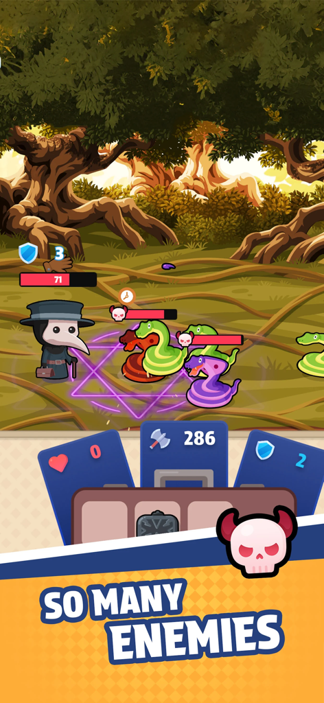 Bag Fight - Bag Fight gameplay showing a plague doctor character facing multiple snakes in a forest combat scene