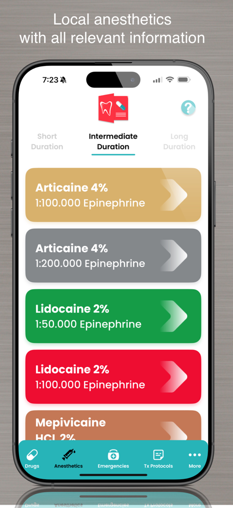 List of intermediate duration local anesthetics in the Dental Drugs app.