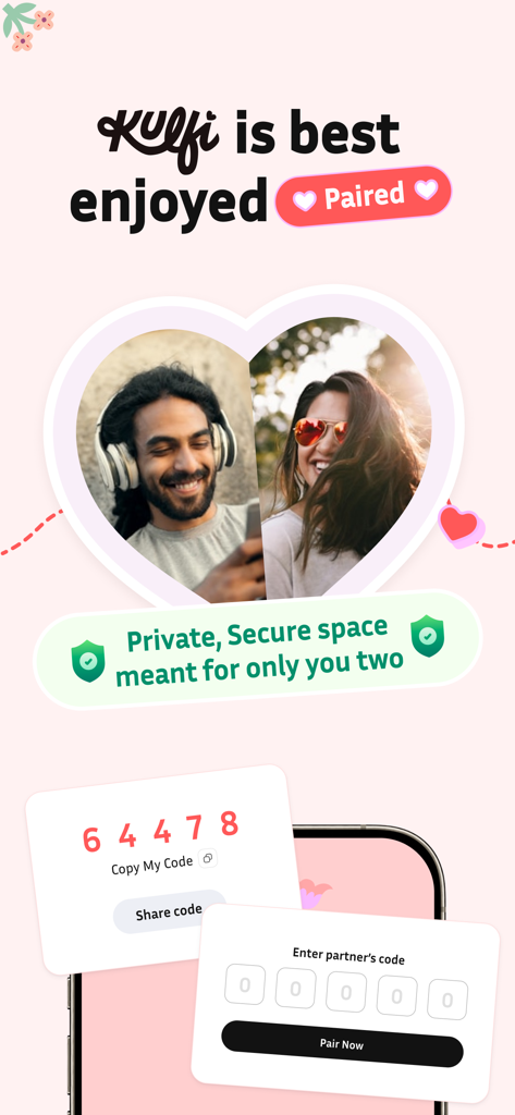 Pairing screen on Kulfi app showing a unique connection code and heart-shaped couple photos.